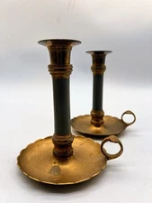 Pair Of Brass Chamberstick Candlestick Holder Drip Pan Thumb Rest Finger Loop