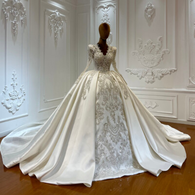 Luxury Satin Long Sleeves Wedding Dresses V Neck Beaded O Back Bridal Gowns  | eBay