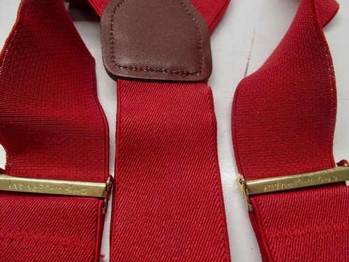 Mens CAS Germany Mens Suspenders Scarlet Red Leather Silk Brass V14 - Picture 3 of 3