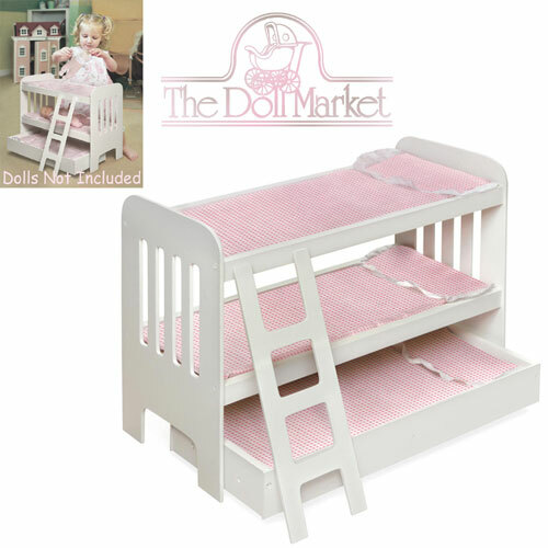 New Wooden Doll Trundle Bunk Bed with Ladder #BBT1857 White/Pink