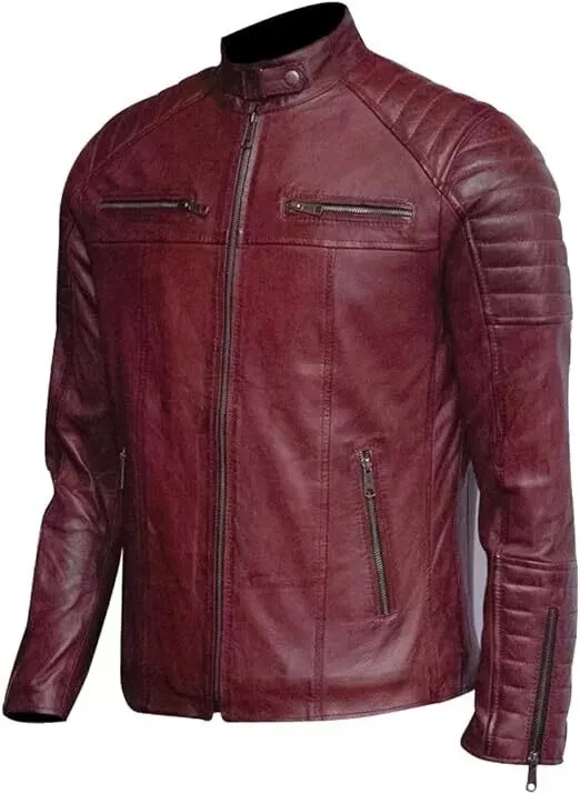 MEN MROON LEATHER CASUAL BIKER JACKET GENUINE COAT STYL MOTORCYCLE CAFE RACER