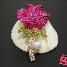 Hot Fashion Women Rose Red Enamel Bling Flower Pearl Charm Lady Brooch Pin Gifts