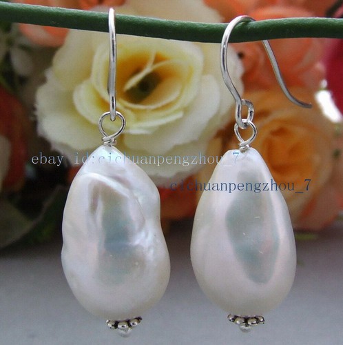 Real Natural Huge White Freshwater Baroque Pearl Dangle Silver Hook Earrings - Picture 2 of 4