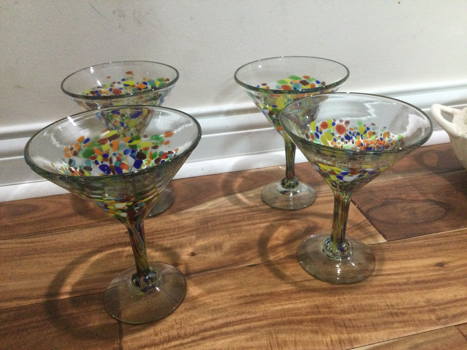 Crate & Barrel Mexican Hand-Blown Glass Set of 4 Colorful Confetti Martini Glasses 7 Inches Tall