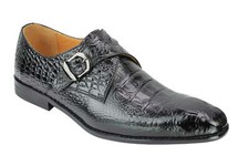 Mens Black Crocodile Print Real Leather Single Strap Monk Loafers Slip on Shoes