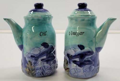 EE) Oil and Vinegar Porcelain Pour Bottles Cruet Set Dolphin Water Sea 4.5" - Picture 2 of 9
