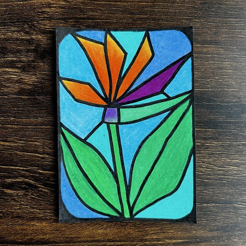 ACEO Original Art - Blue Bird of Paradise Orange Purple Flower by Jessi Eggettes