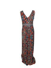MONSOON BROWN ORANGE,BLACK & GREEN PRINT V NECK SLEEVELESS MAXI DRESS SIZE 12