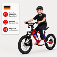 Kinder Elektro-Crossbike 18 Zoll 36V mit Vollfederung, Hydraulikbremsen, Not-Aus