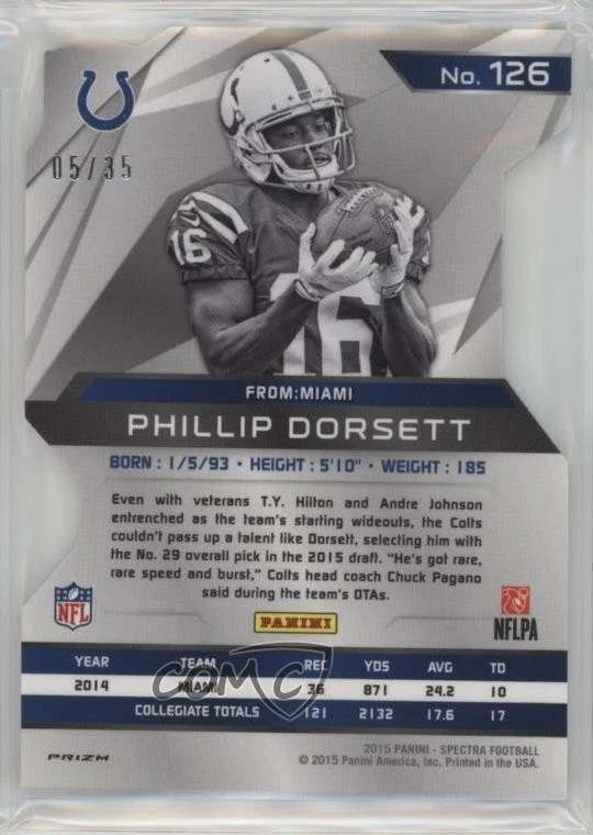 2015 Spectra Rookies Neon Blue Prizm Die-Cut /35 Phillip Dorsett #126 Rookie RC - Image 2 of 2