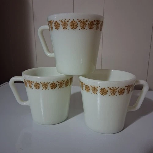 Pyrex Butterfly Gold Coffee Mugs Milk Glass With Gold Accent Set Of 3 Vintage