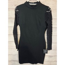 Lulus Black Lace Sleeve Mock Neck Bodycon Mini Dress NWT Small Sexy Party