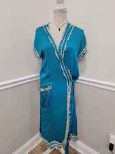 VTG 20s-30s Silk Robe Handmade Blue Lace Trim Boudoir Dressing Gown Loungewear
