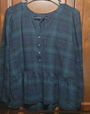Loft Womens  Blouse, Blue And Green Plaid, Size S