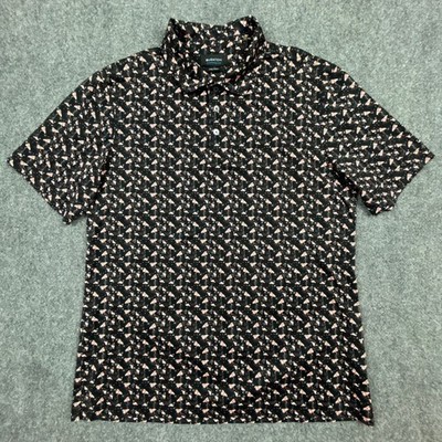 Bugatchi Polo Shirt Mens L Black Flamingo OoohCotton Tech 8-Way Stretch Print