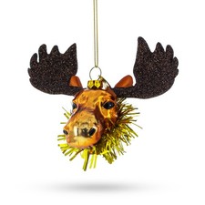 Majestic Moose Head Adorned with Tinsel Collar Blown Glass Ornament