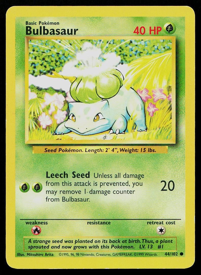 Pokemon Card Base Set Unlimited Bulbasaur 44/102 Common