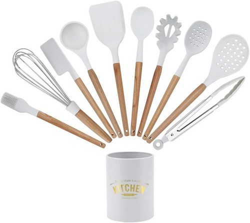 Silicone Kitchen Utensil Set,11Pcs White Silicone Kitchenware Kit Non‑Stick