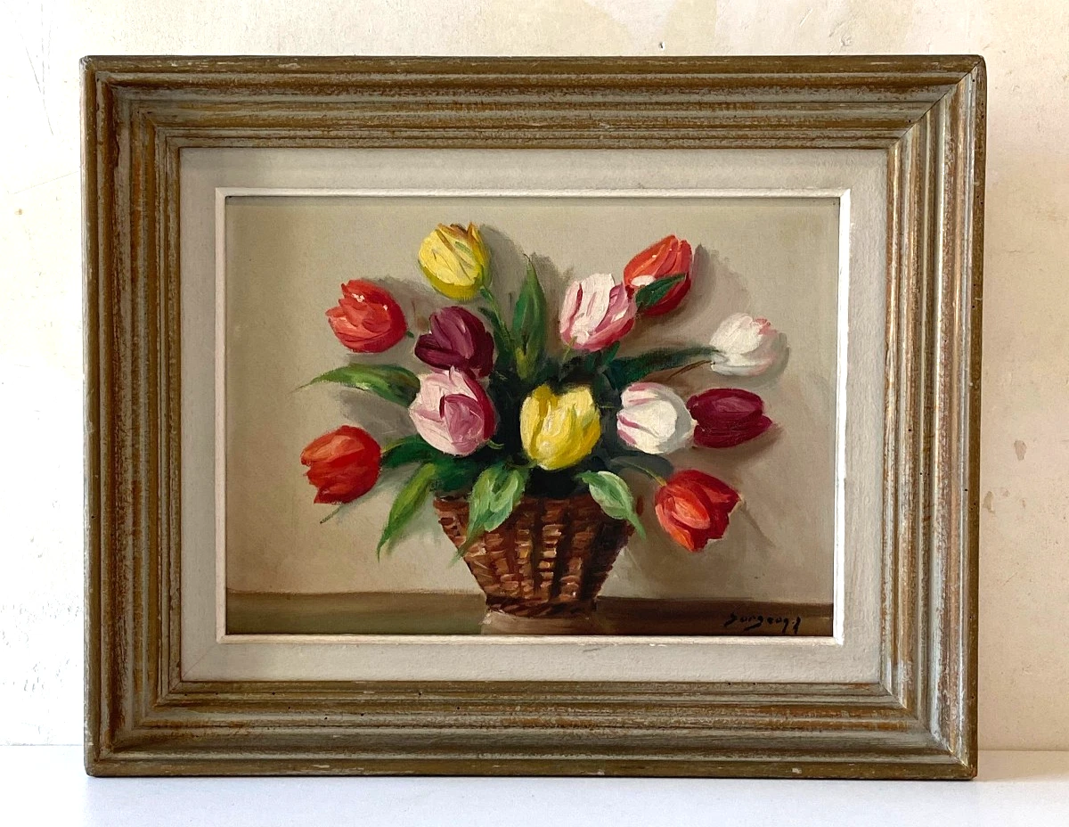 Huile Sur Toile Originale – Bouquet De Fleurs, Style Expressionniste, Signée 40x50 Cm