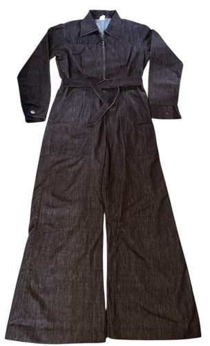 1970s Brown Denim Jumpsuit Collared Pockets Wide Leg Stretch Waist Size 15 - Picture 1 of 5