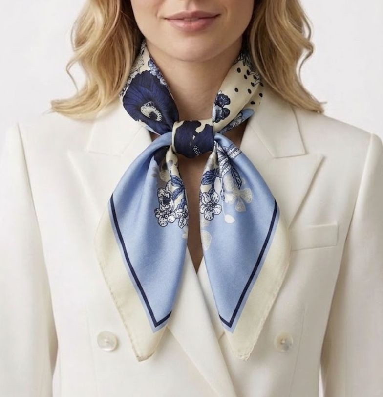 ⭐Luxury Silky Blue Floral Square Scarf Cream Elegant Wrap Shawl Neck Headscarf