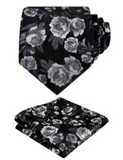 Men's 3.15" Rose Flower Pattern Tie with Floral Printed Pocket Square Set