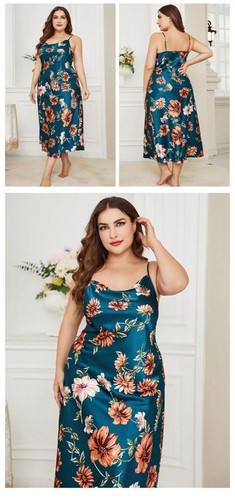 5xl Plus-Sized Big Flower Printing Sexy Pajamas Sleepwear Dress Slip Nightdress - Picture 17 of 21