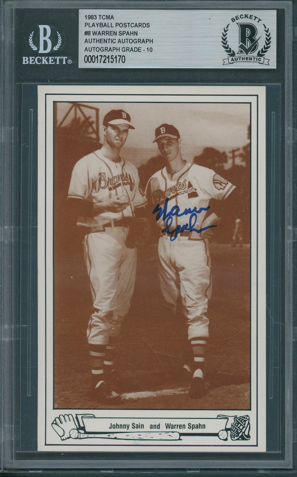 1983 TCMA Playball Postcards Warren Spahn Beckett Authentic Signed Auto 10 *5170 
