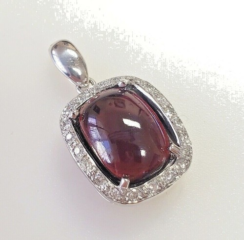 6.0ct Rubellite Tourmaline Cabochon 1/2ctw Diamond Halo Pendant Necklace 14k WG - Picture 3 of 10
