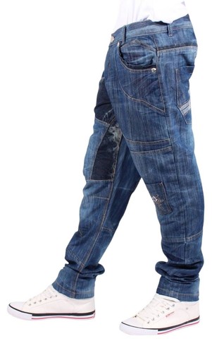 Men's Patch Panel Denim G72 Jeans Regular Fit Cut & Sew Style Blue Distress - Picture 2 of 4
