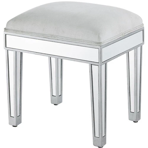 Elegant Decor Reflexion 18" Mirrored Fabric Vanity Stool in Beige and Silver - Picture 1 of 10