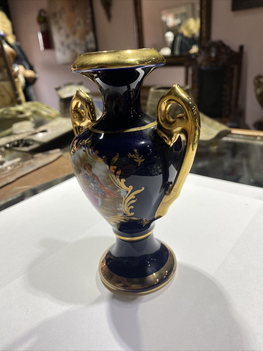 Guerin 花瓶 青色 金色装飾　アンティーク　ヴィンテージ　1686年 LIMOGES FRANCE FRAGONARD COURTING LOVE STORY COBALT DOUBLE HANDLED