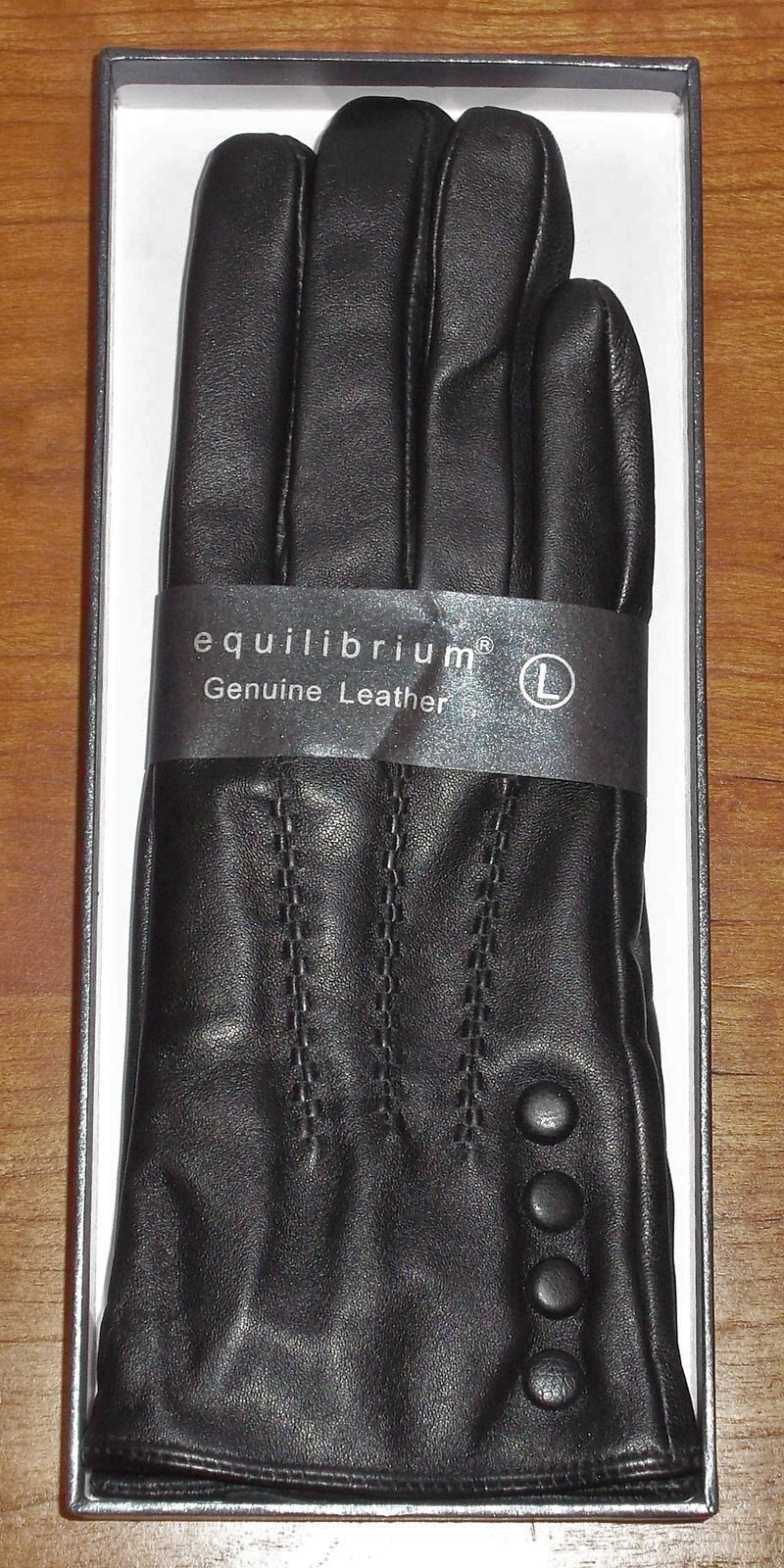EQUILIBRIUM LADIES BLACK LEATHER LINED GLOVES W/ BUTTONS SIZE LARGE NEW IN BOX image 3