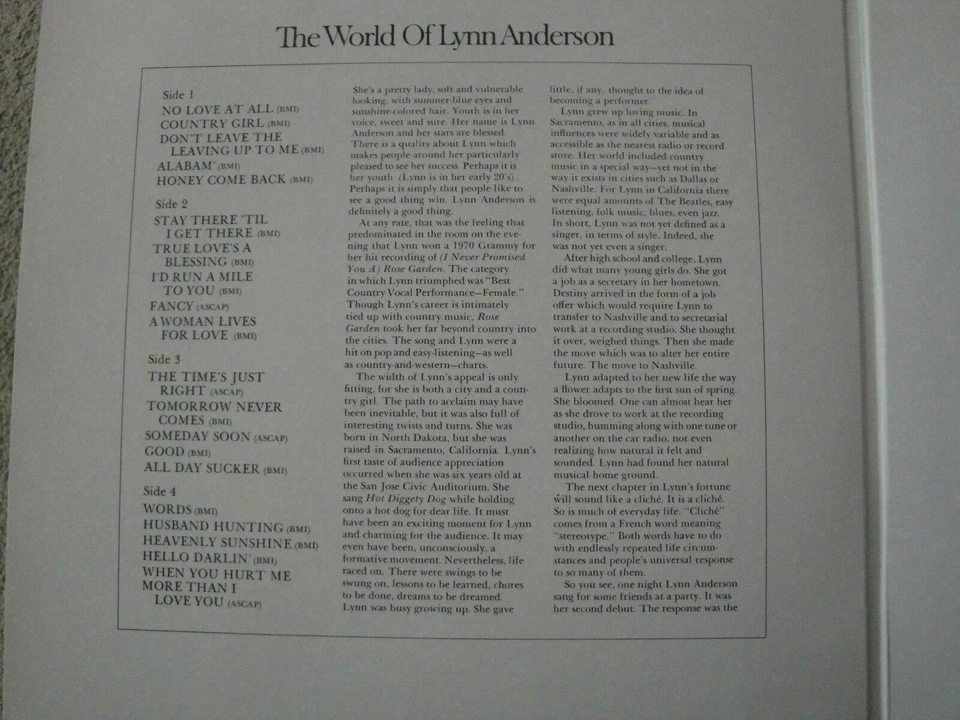 THE WORLD OF LYNN ANDERSON DOUBLE VINYL LP COLUMBIA STEREO EX - Image 2 of 4