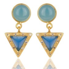 Women's 925 Silver Blue Chalcedony Gemstone Drop Earrings Handmade Jewelry