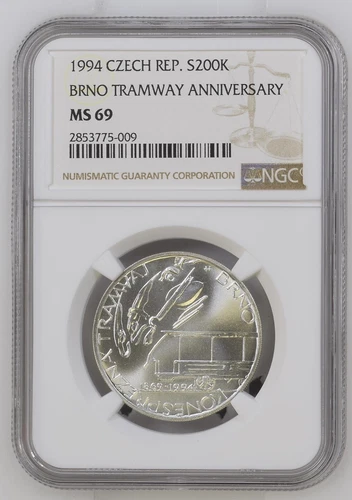 Czech Rep. 1994 200 korun silver BU coin - Brno Tramway 125th Anniv. NGC MS 69