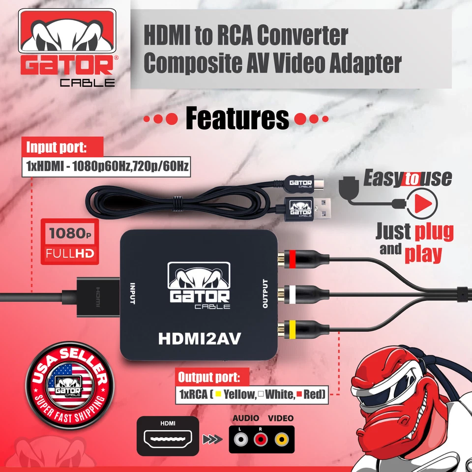 HDMI to RCA AV HD Converter Adapter Composite Cable CVBS 3-RCA Audio Video 1080P - Image 2 of 4