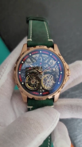 Mens Rose Gold Double Flywheel Skeleton Automatic Mechanical Watch Green Suede - Video 1 of 1