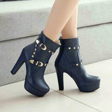 Womens Block High Heels Buckle Ankle Boots Studded Zip Motorcycle Dress OL Shoes