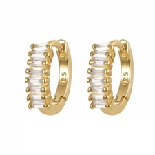 Gold Silver 925 Sterling Silver Baguette Cut CZ Front Tiny Small Hoop Earrings