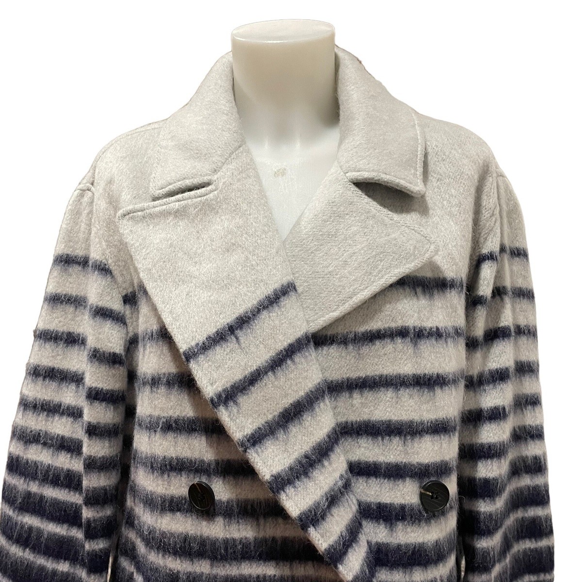 AVEC LES FILLES SAILOR STRIPE DOUBLE-BREASTED PEACOAT, blue gray