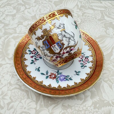 Rare Samson et Cie France Hand Painted Armorial Porcelain Demitasse Set Of 2