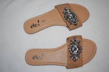 Womens Sandals TAUPE BROWN SLIDES Rhinestone Medallion S 6-7 M 7-8 L 8-9 XL 10