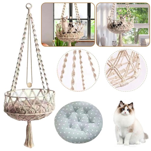 Hammock Cat Bed Swing Cat House String Bag Hand Woven Hanging Basket Pet Nest UK - Picture 6 of 24