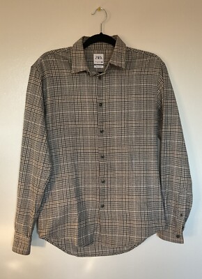 ZARA | Men s Houndstooth Orange Black White Casual Button Down Slim Fit | Size S