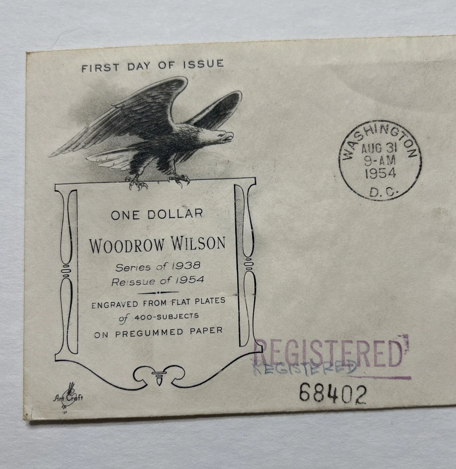 US 1954 Prexy FDC Woodrow Wilson $1 Stamp Registered Mail First Day Cover - Image 2 of 4