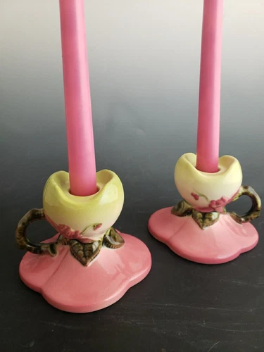 Vintage MidCentury Hull Pottery 4" Woodland Candle Holder PAIR Pink/Yellow/Green