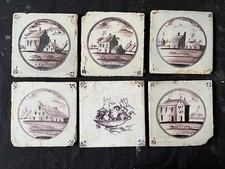 CIRCA 1770 SET 6 PURPLE  MANGANESE  DUTCH DELFT TILES WITH LANDSCAPES