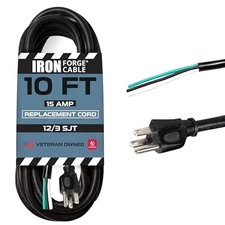 12 AWG Replacement Power Cord with Open End - 10 Ft Black Extension Cable