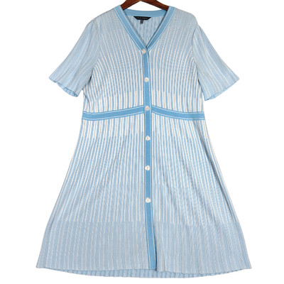 Ming Wang Sweater Dress Women's XL Blue White Ombre Striped Knit Preppy Modest